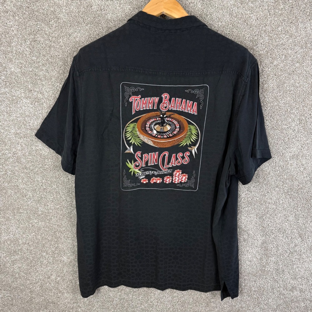 Tommy Bahama Spin Class Roulette Silk Shirt Black Jacquard Mens XXL Short Sleeve